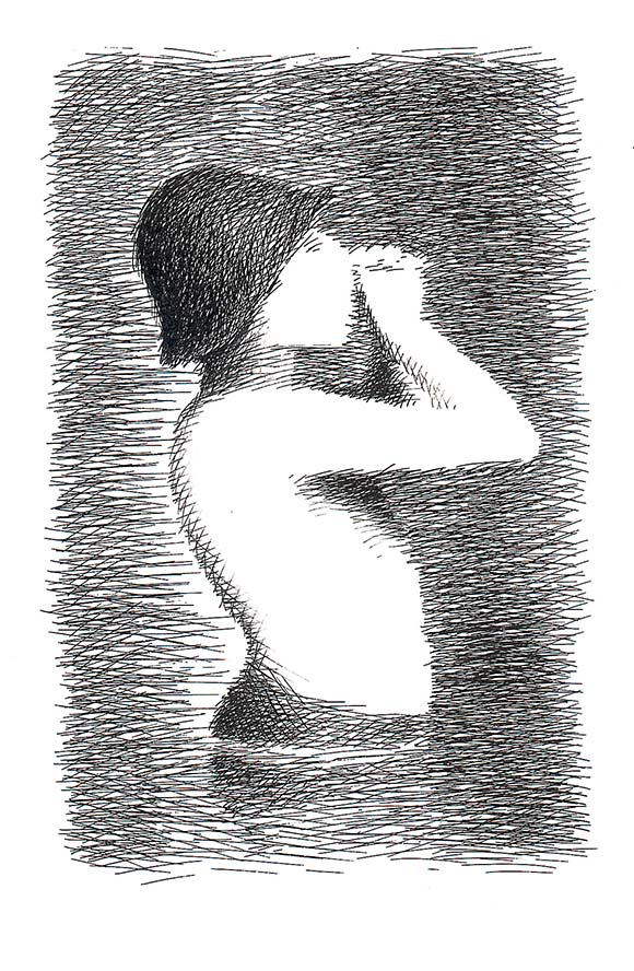 Cross-hatching drawing of boy from Seurat's Le Grande Jatte