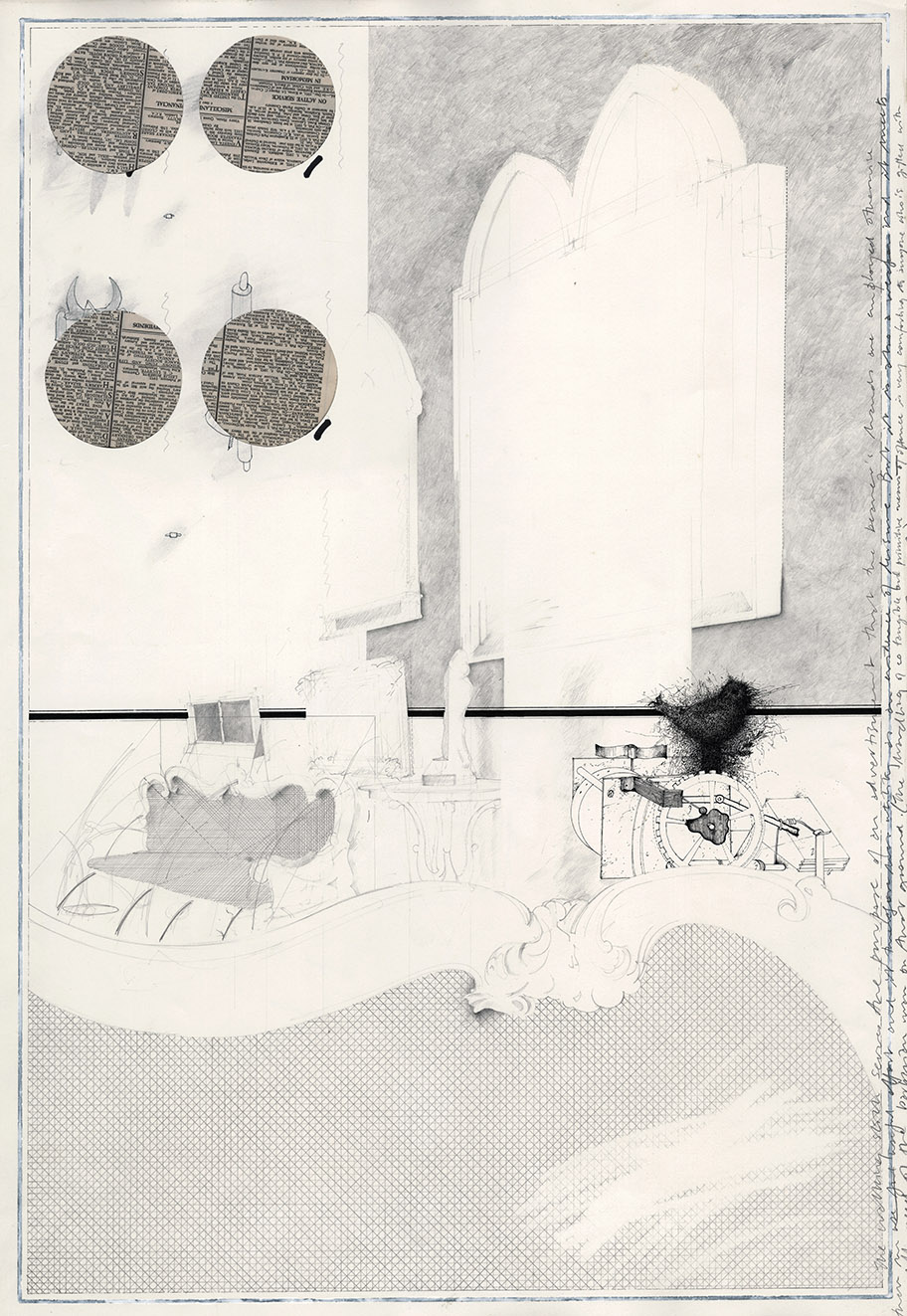 ‘L’oiseau chanteur rococo' (The Rococo Singing Bird’) 250x580mm . pencil, ink and collage . 1983