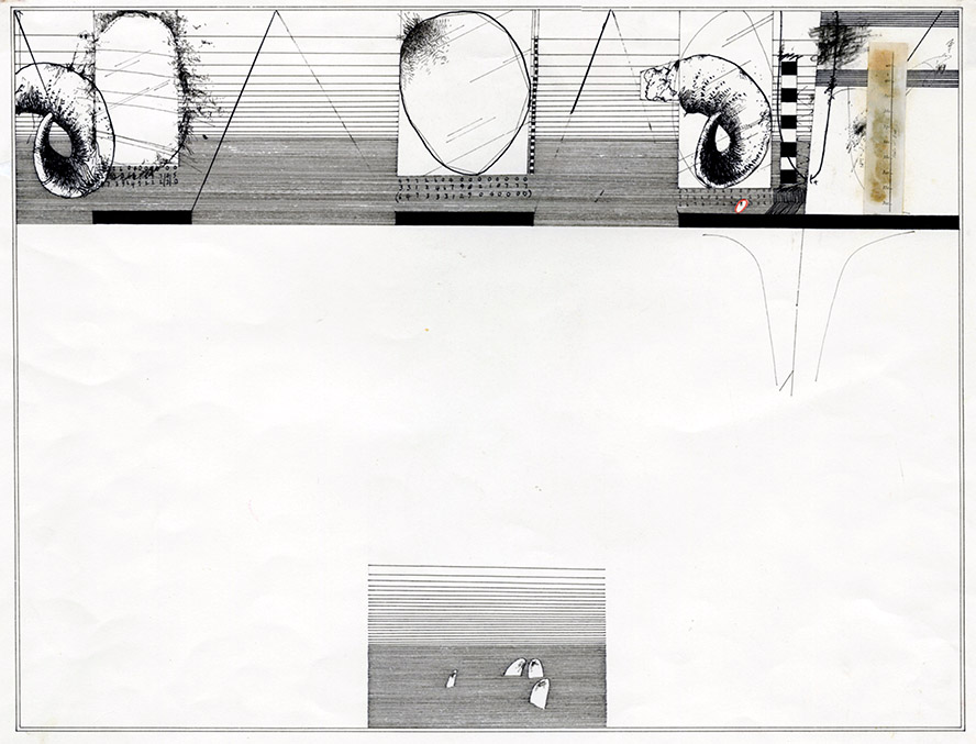 'Broad Thoughts froma Home' II ink, collage, process white 600x400mm .1983